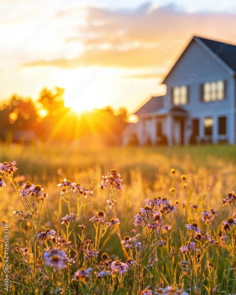 Sunset over a field of purple flowers with a white house in the background.