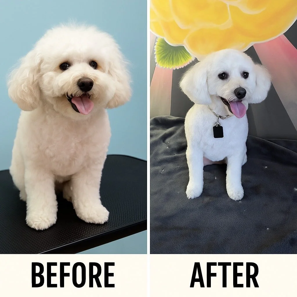 Minnie is a sensitive little soul who shines brightest when things are calm and quiet 🌸🐩.
We treated her to our Volume Infusion Package &mdash; a slower, soothing groom that gave her coat bounce, body, and that signature Sunshine fluff ☁️✨.
She han