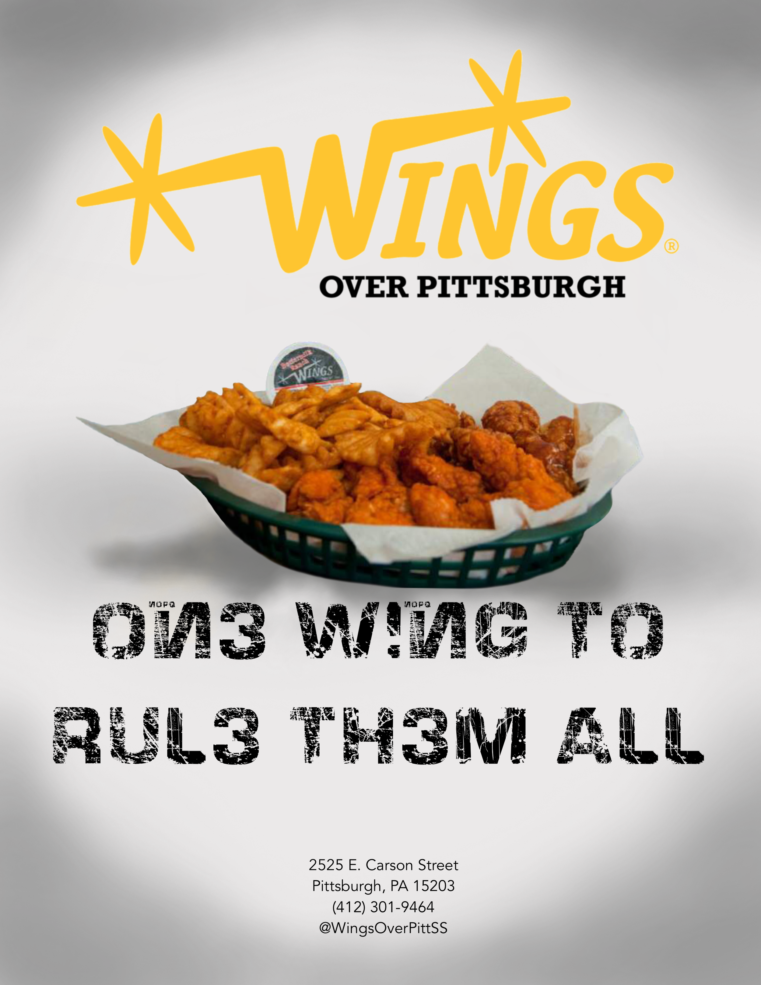 Promotional flyer for "Wings Over Pittsburgh" featuring a basket of chicken wings, with text "One Wing to Rule Them All" and location details: 2525 E. Carson Street, Pittsburgh, PA 15203, phone number (412) 301-9464, and Twitter handle @WingsOverPitt
