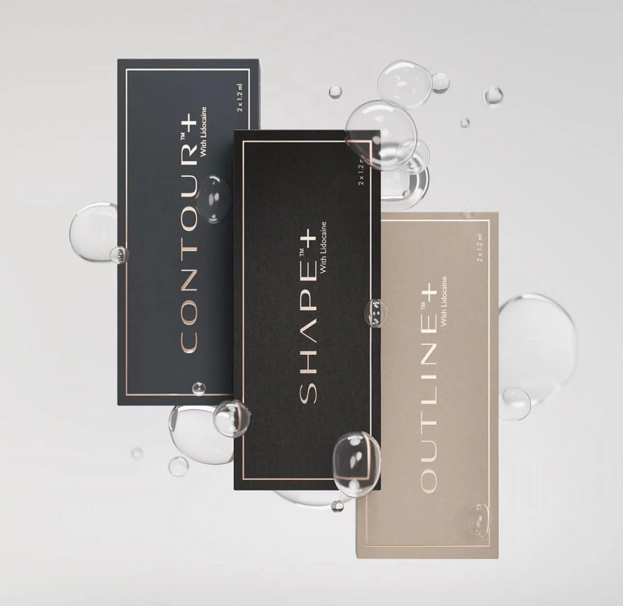 Three skincare product boxes labeled 'Contour +', 'Shape+', and 'Outline+' with water droplets around them.