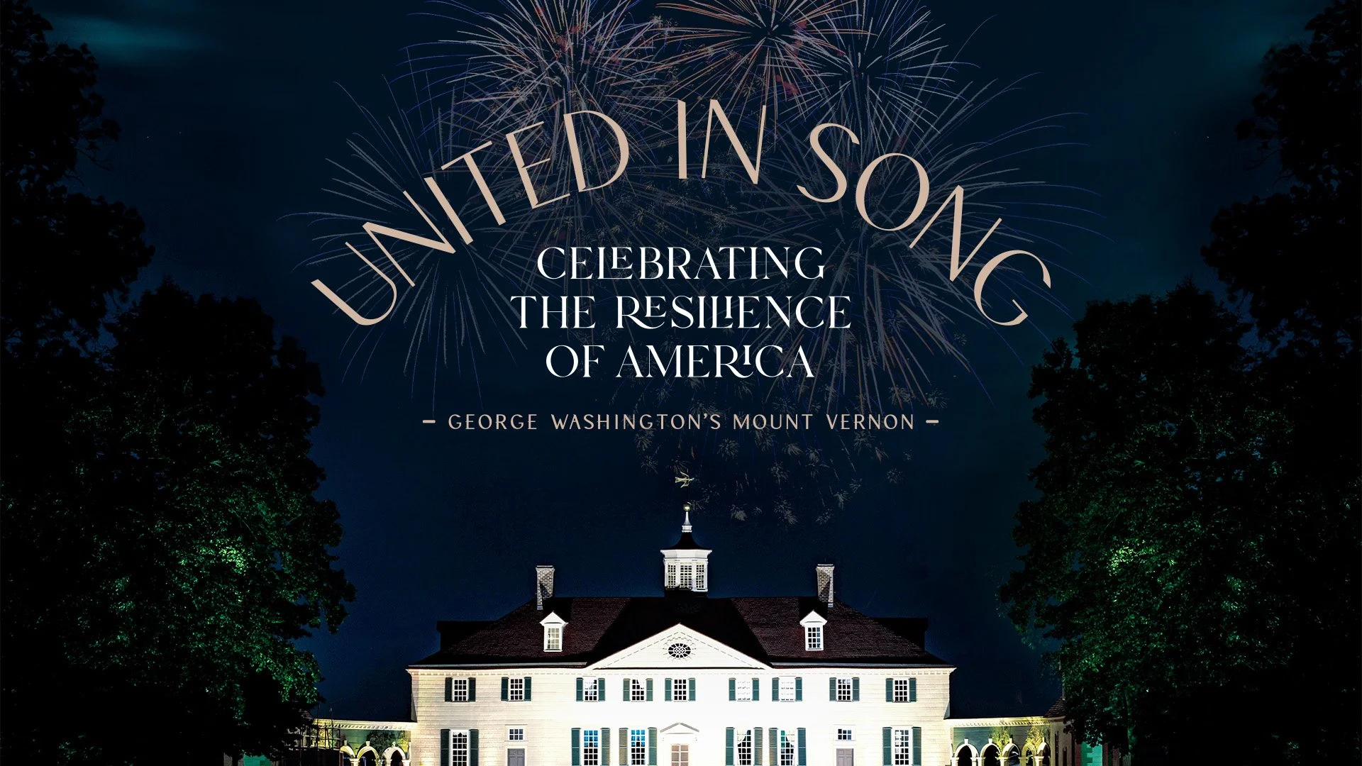 Celebration of the United States' resilience with fireworks over Mount Vernon, George Washington's estate, at night.
