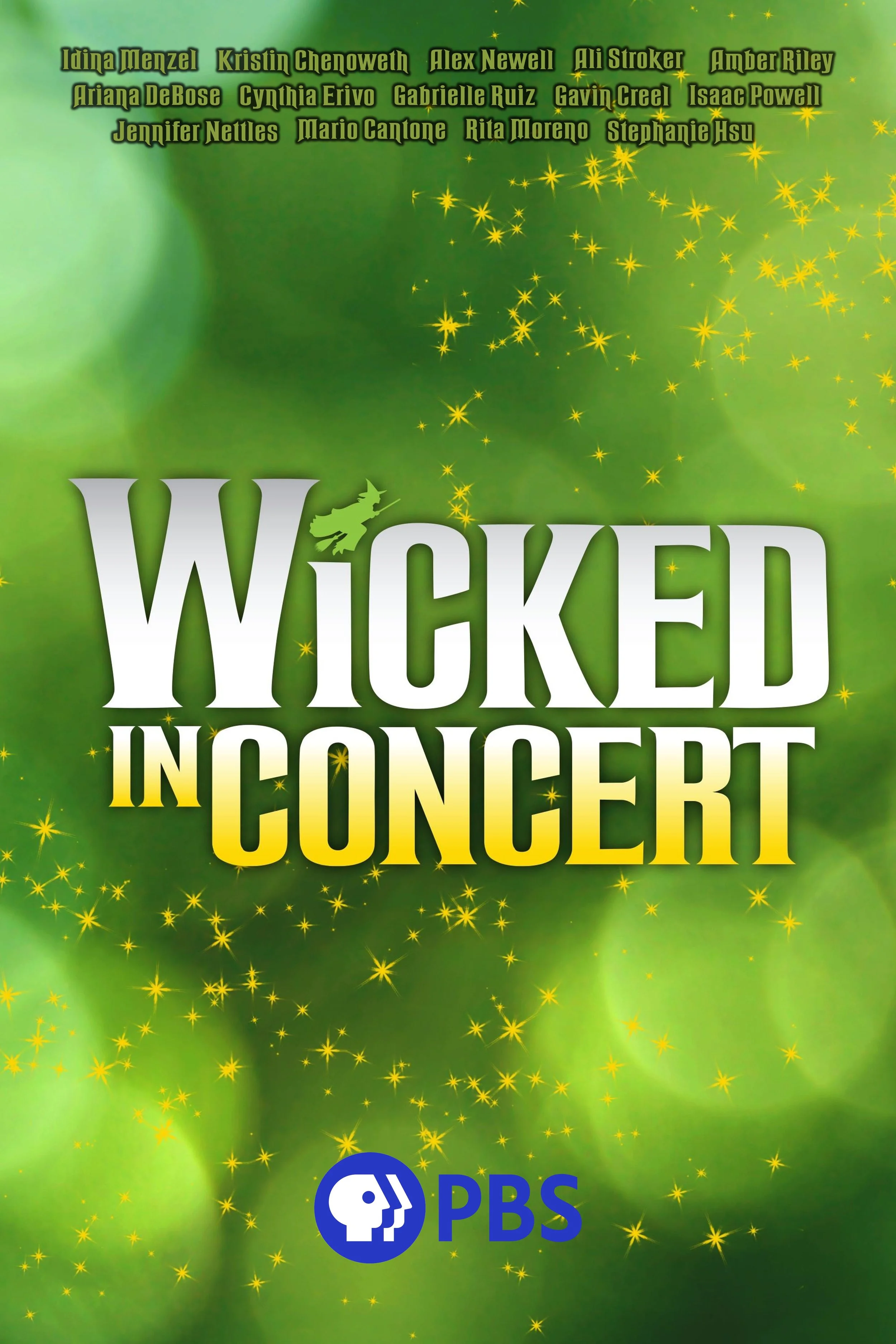 Promotional poster for 'Wicked in Concert' featuring a green background with gold star-like sparkles, cast members' names at the top, large text with the show's title, and the PBS logo at the bottom.