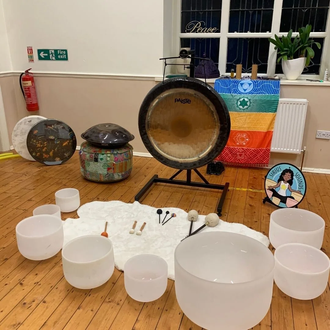 Image of sound bowls, gongs, handpans & a variety of amazing instruments – in preperation for a guided immersive sound healing therapy & meditation session in Chorlton Manchester England, brought to you by Sirius Sounds