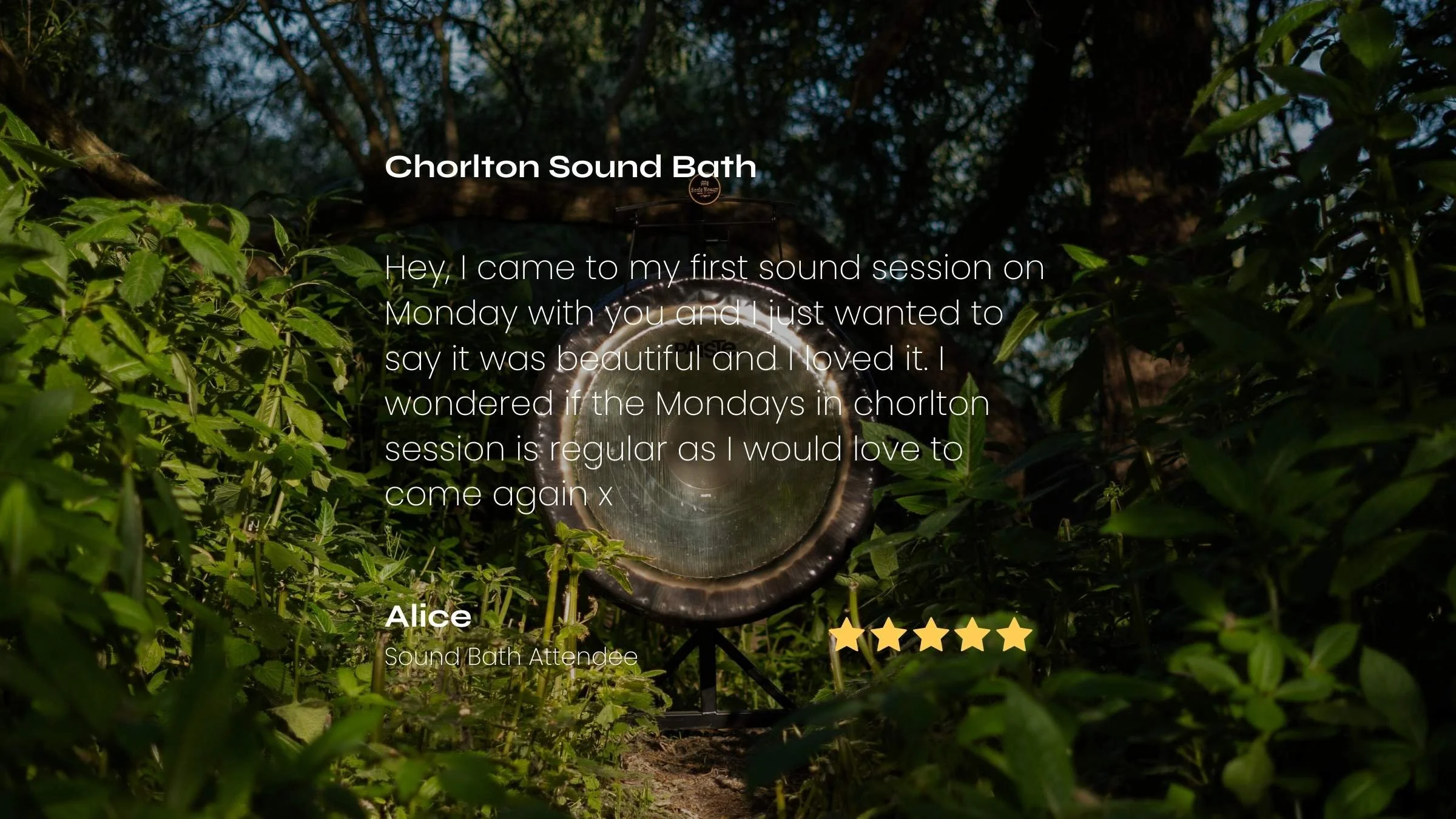 A Paiste gong with forest greenery surrounding it, under a tree with sunlight filtering through the leaves. Overlaid with a thank you message and a five-star rating for the Sirius Sounds sound bath experience.