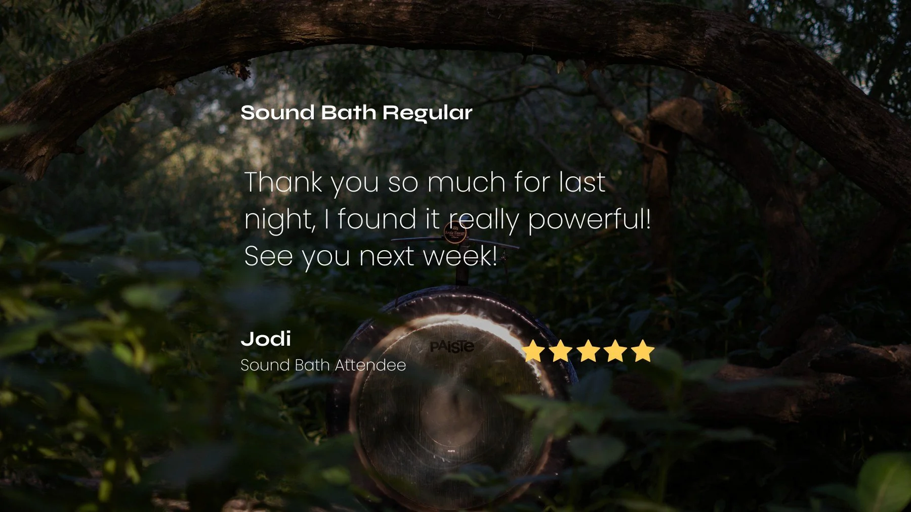 A paiste gong in a forest scene with a tree branch arching overhead and greenery in the background. With a five-star Sound bath review overlay and thank you message.