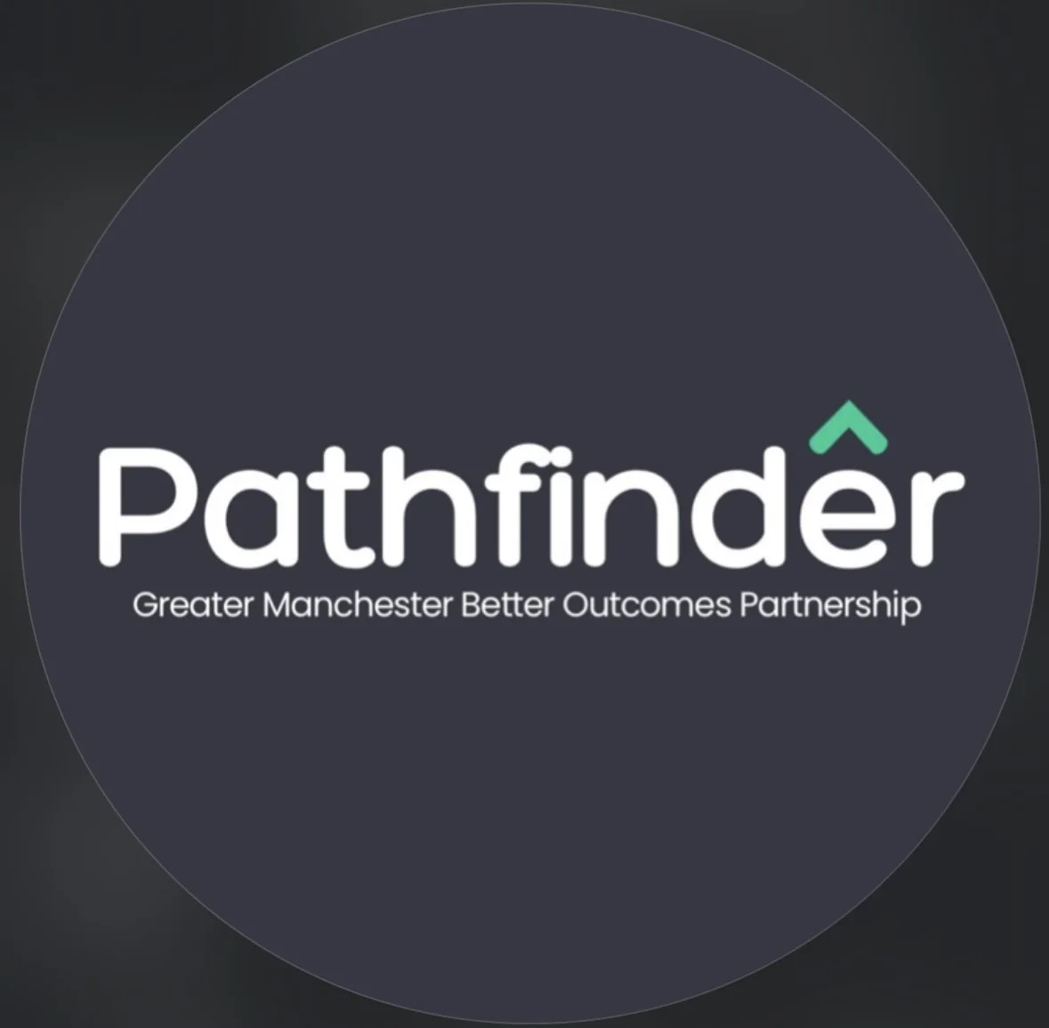 Logo of Pathfinder, a partnership for Greater Manchester Better Outcomes, featuring a dark background, the word 'Pathfinder' with a green upward arrow above the 'r', and the subtitle 'Greater Manchester Better Outcomes Partnership.'