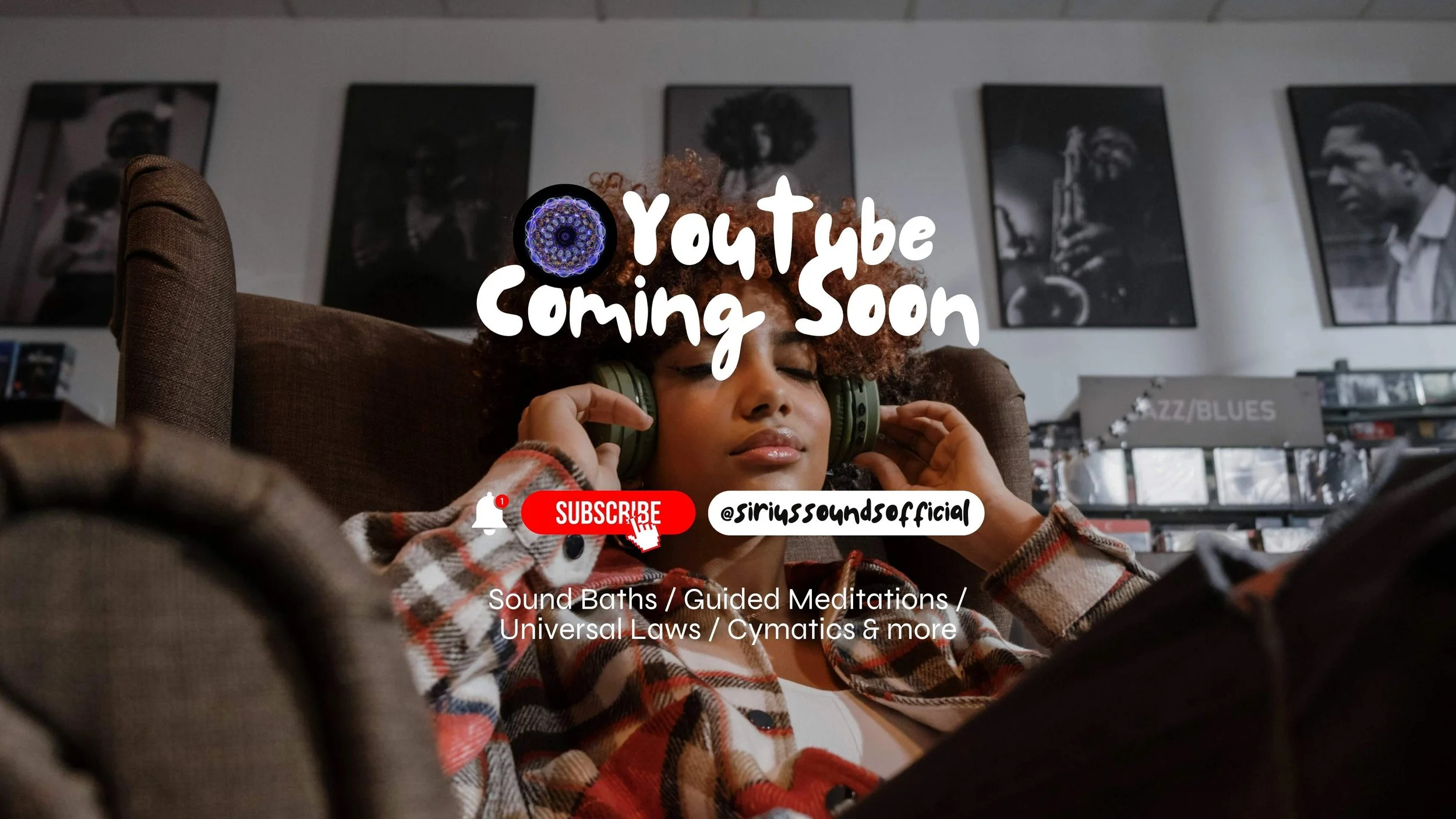 A woman with curly hair is sitting on a brown armchair, wearing headphones with eyes closed, enjoying listening to online meditations and educational content by Sirius Sounds playlists on youtube and Spotify.