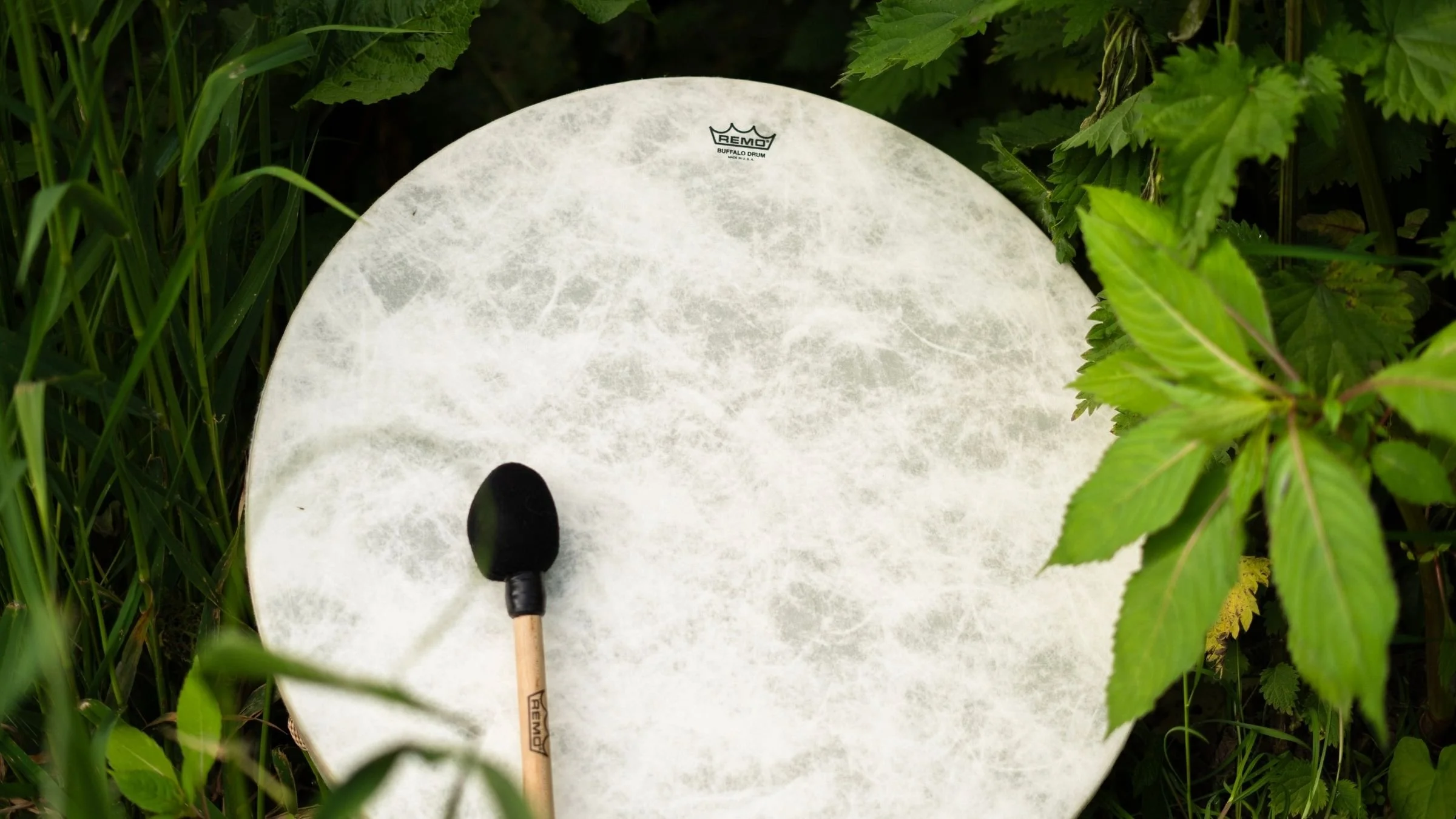 Close-up of a  drum used in sound bath meditation and holistic healing sessions in Manchester.