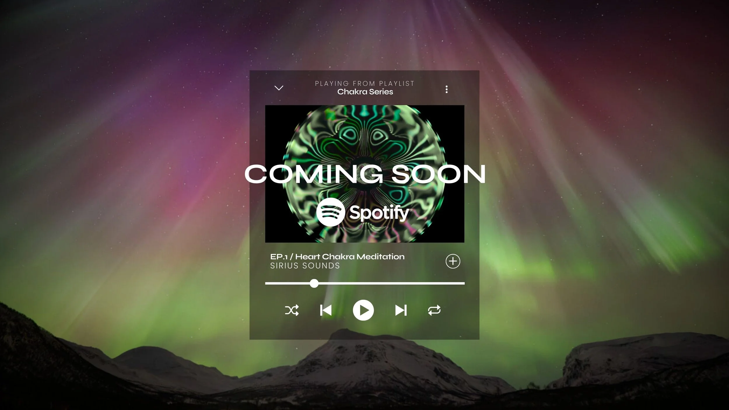 A music player interface on a screen shows an upcoming playlist titled 'Chakra Series.' The displayed playlist features a dark, abstract circular artwork with glowing green and blue swirling patterns. Overlaid on the artwork are the words 'COMING SOO