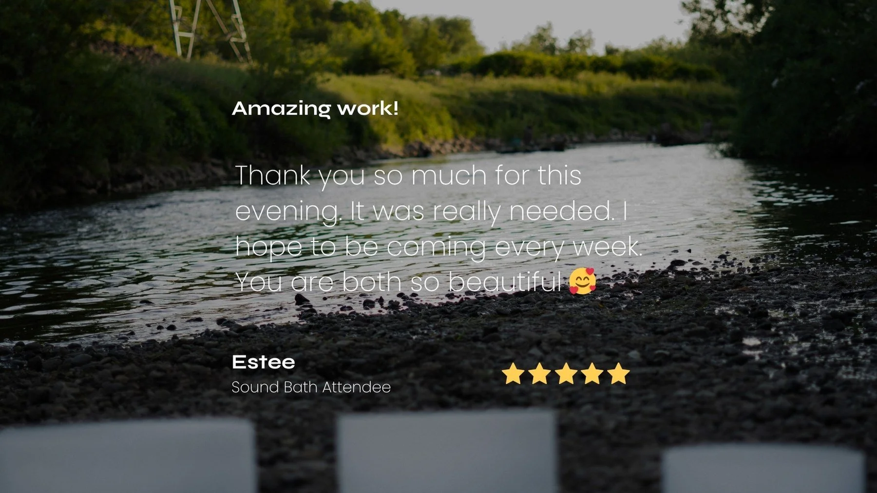 A serene river scene with trees and crystal singing bowls in the background, with overlaid text of a thank you message and a five-star rating.