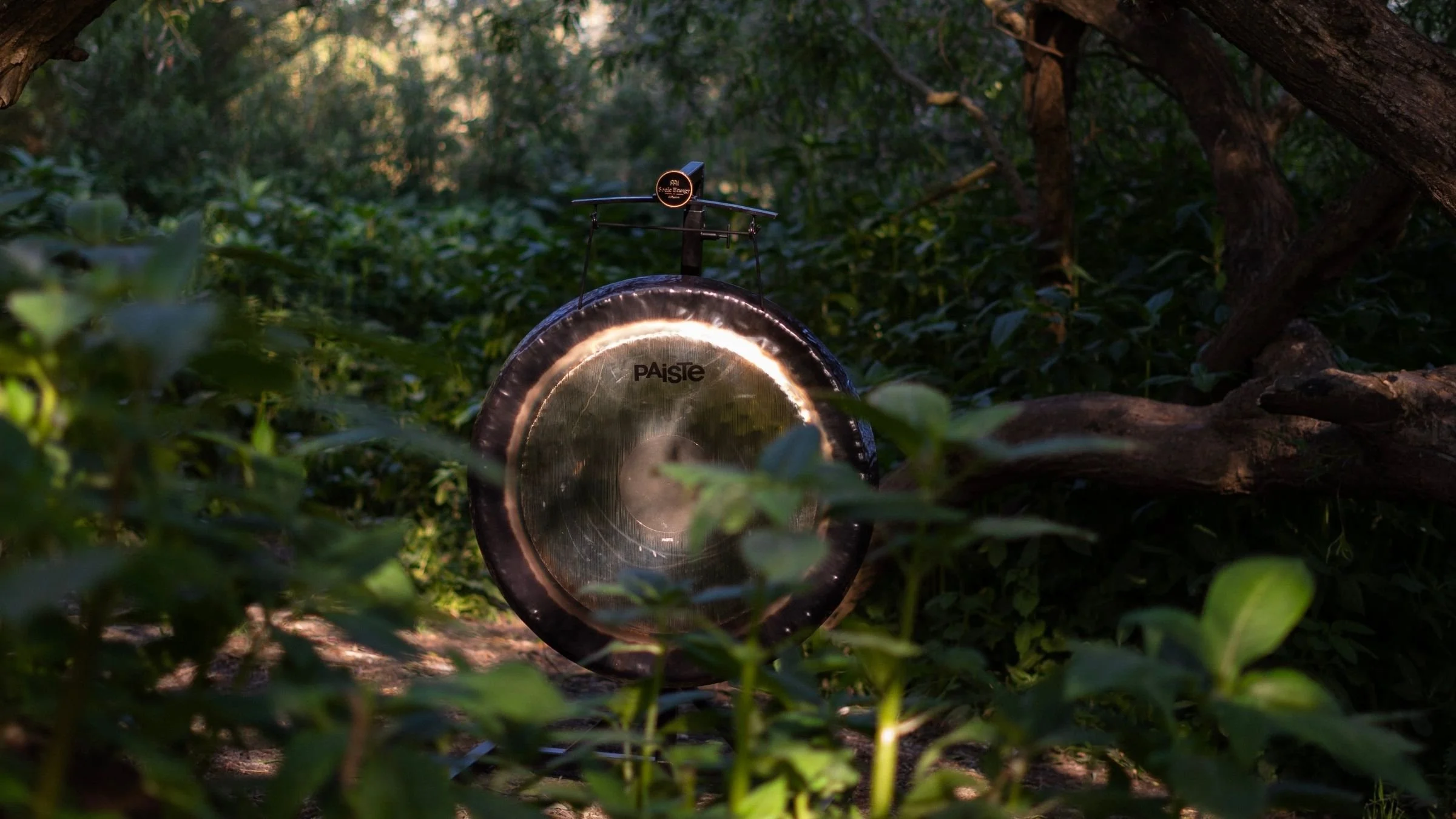 Close-up of large gong used in sound bath meditation and holistic healing sessions in Manchester 