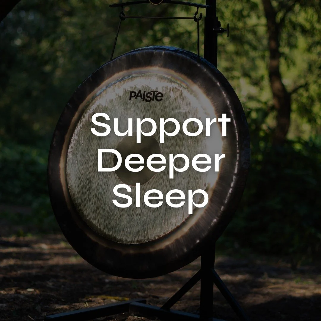 A Paiste gong hanging outdoors on a Meinl Sonic Energy stand with the words "Support Deeper Sleep" overlaid.
