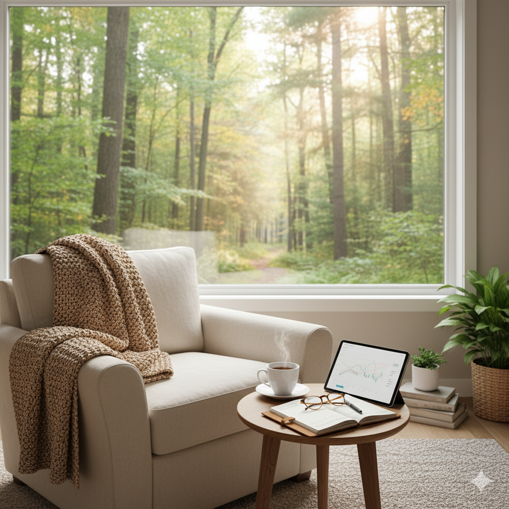 Cozy living room with a white couch, knitted blanket, coffee cup, tablet, and open notebook on a wooden table, overlooking a forest through a large window.