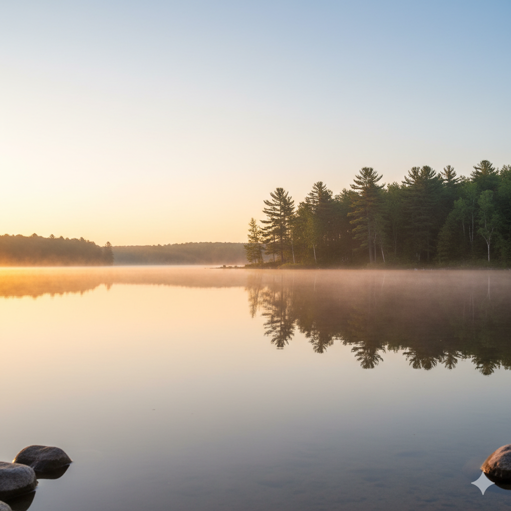 A calm lake at sunrise with a mist above the water, surrounded by a forest of green trees, some rocks in the foreground, and the sky gradually brightening.
