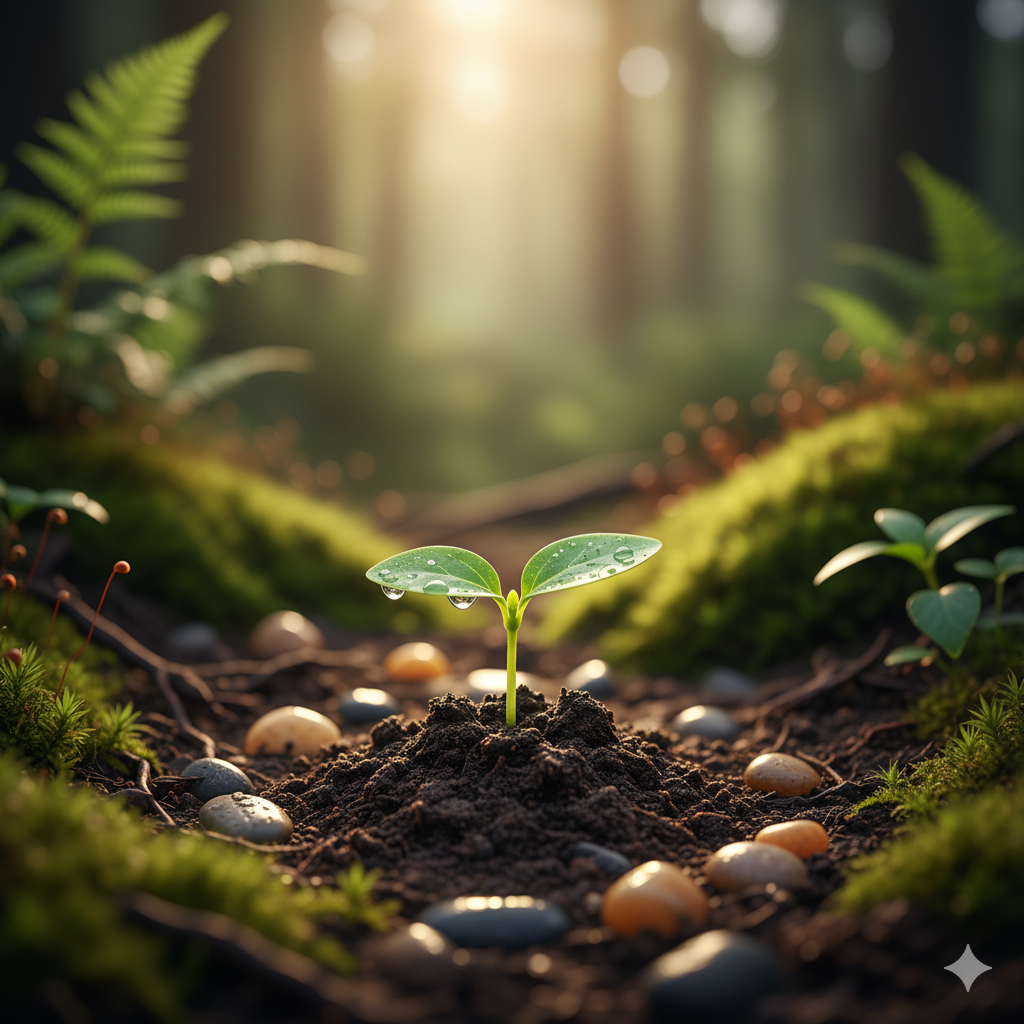 A small plant sprout with dew drops on its leaves growing in soil among rocks in a forest, with sunlight filtering through trees.