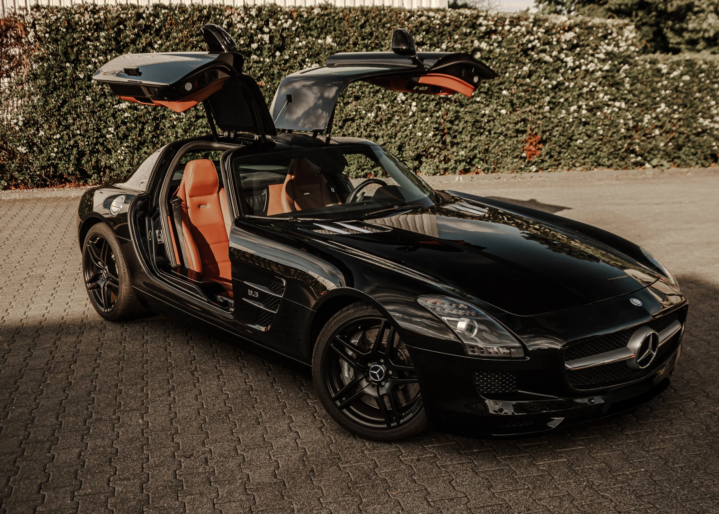 Ein schwarzer Mercedes-Benz SLS AMG mit offenen Flügeltüren, rote Lederinnenausstattung, auf gepflastertem Parkplatz vor einer Hecke.