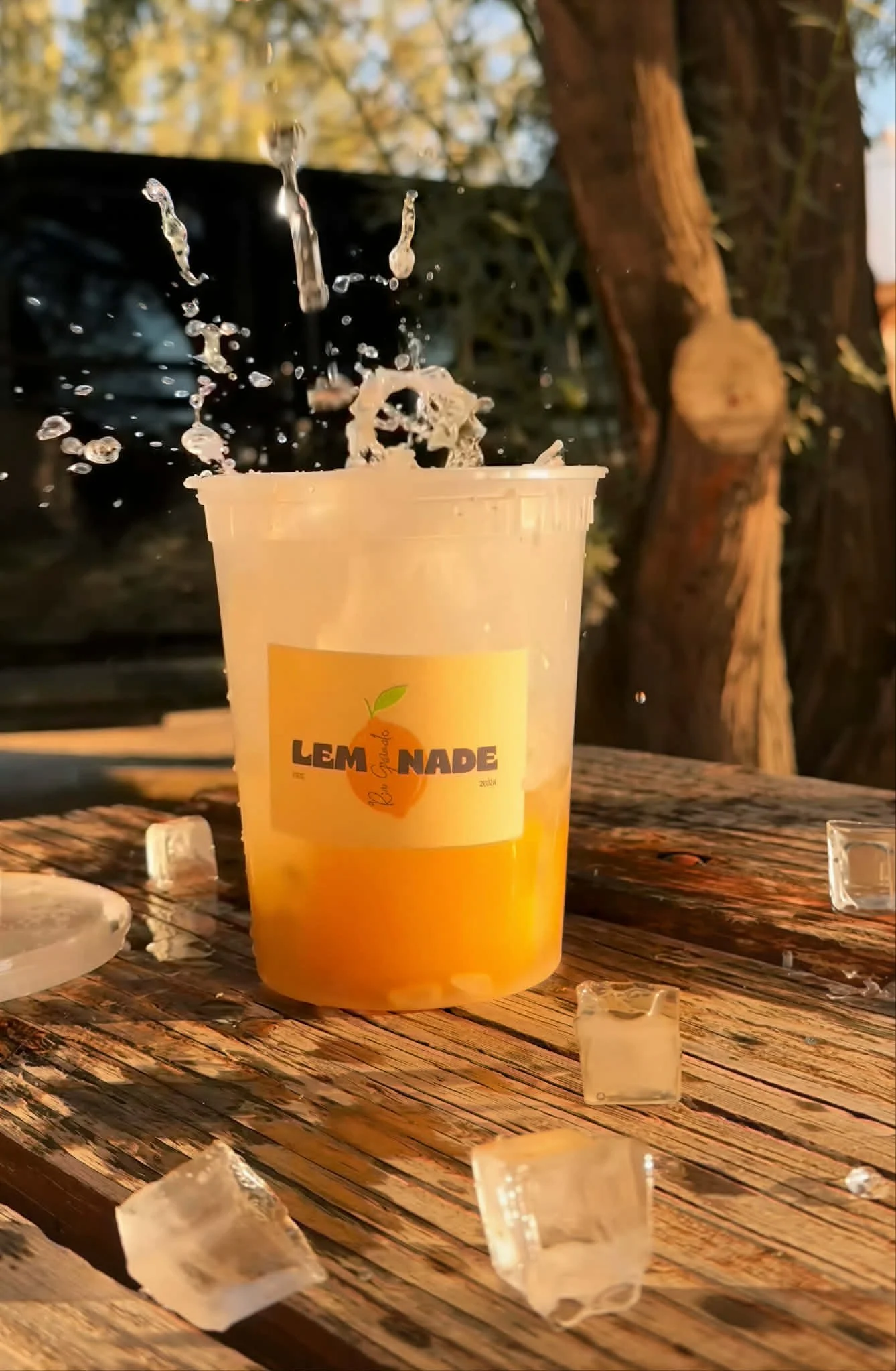 A plastic cup filled with orange juice, labeled 'Lemonade', sitting on a wooden table with ice cubes scattered around, outdoors with trees in the background.