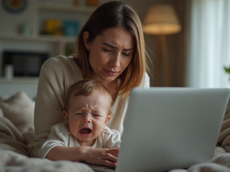 A distressed mother and crying toddler looking at a laptop together in a cozy living room.