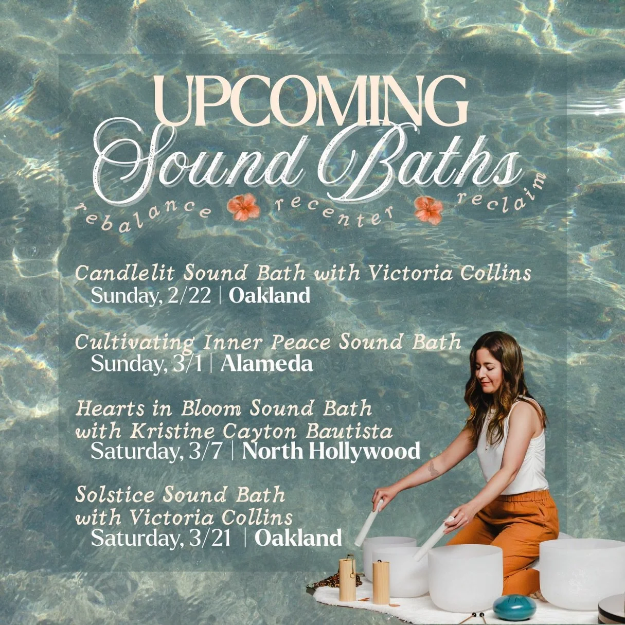 as we move through winter and near spring, i am honored to hold sacred space for healing and renewal in these four upcoming sound baths. 

Candlelit Sound Bath with Victoria Collins @aimfortheknee 
Sunday, 2/22 | North Oakland

Cultivating Inner Peac