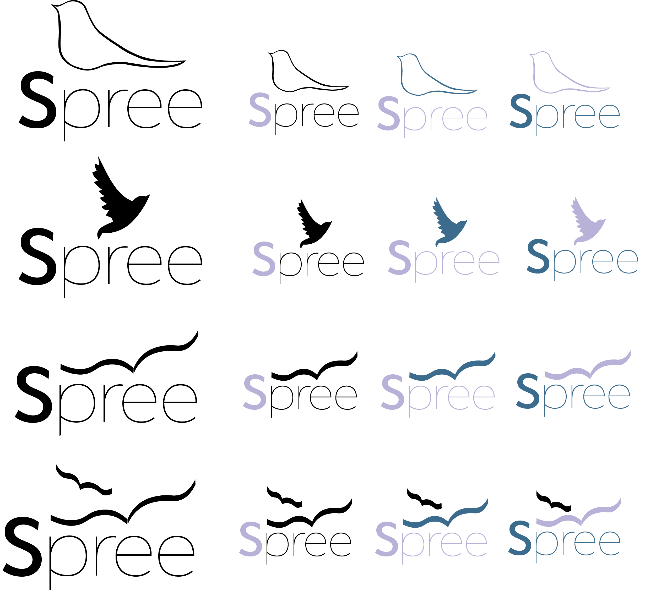 I further ideated those first four logos into different colours, using the Spree colour palette.