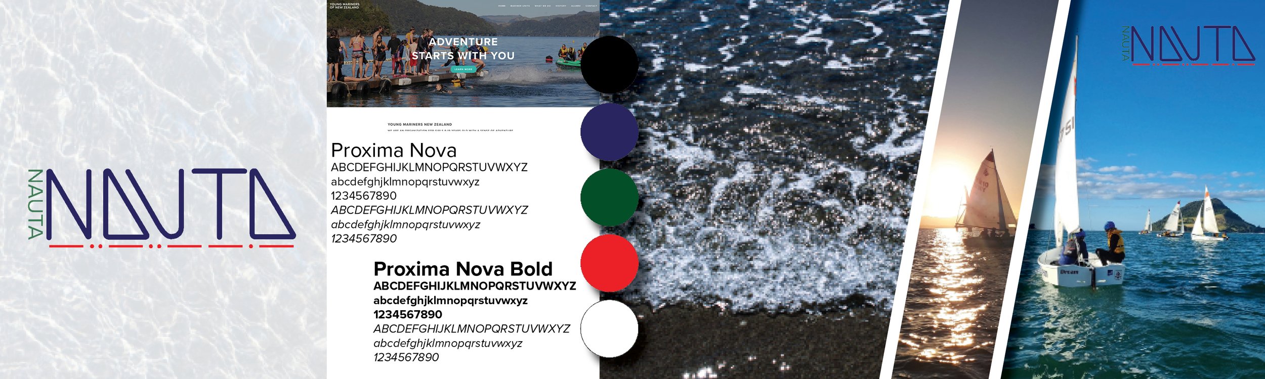 I then put together the branding I had into a stylescape. Proxima Nova was the chosen font, as it was simple and clear. The colour palette was inspired by maritime navigation colours and Young Mariners uniform colours.
