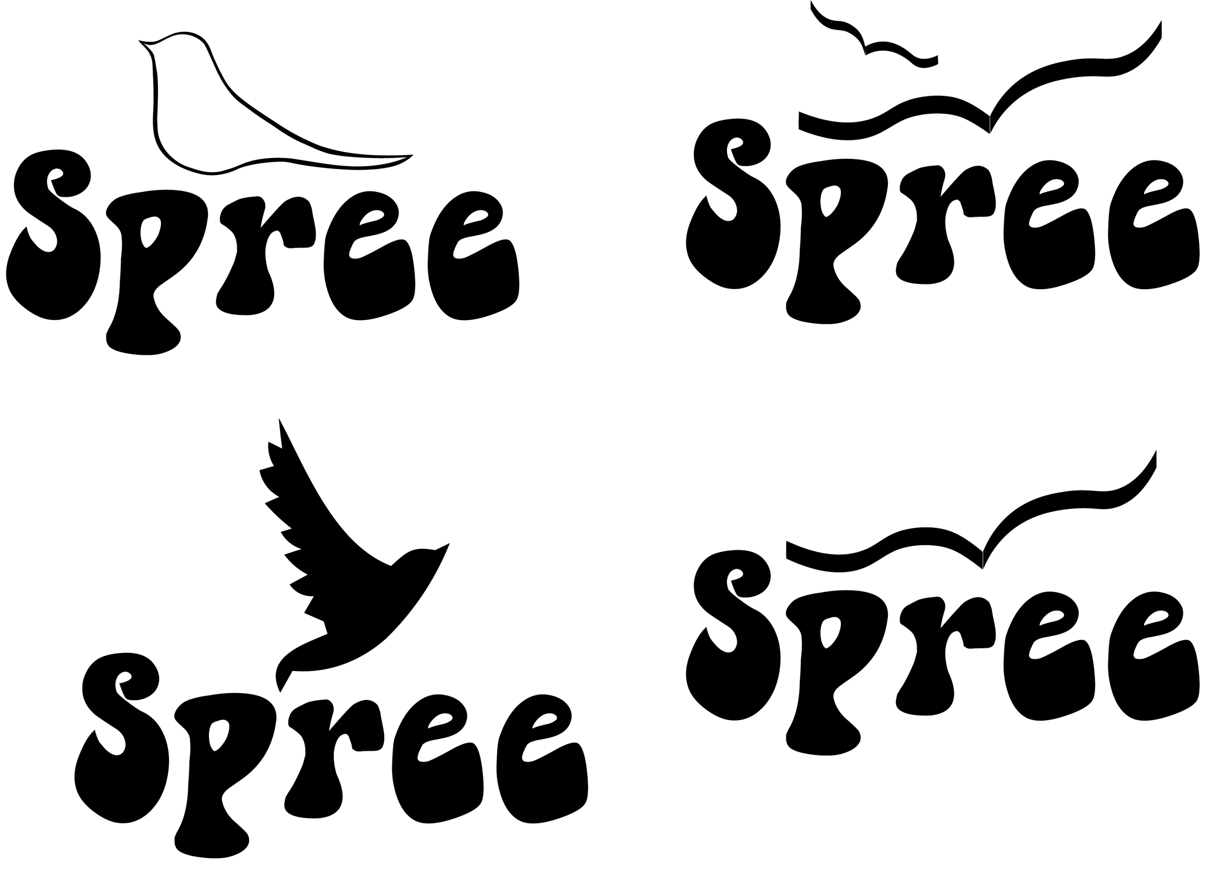When starting the logo development I started by creating 4 logo ideations. I used the more happy and bubbly looking fonts, as I wanted Spree to evoke those feelings in people. And I used the birds because they represent freedom.