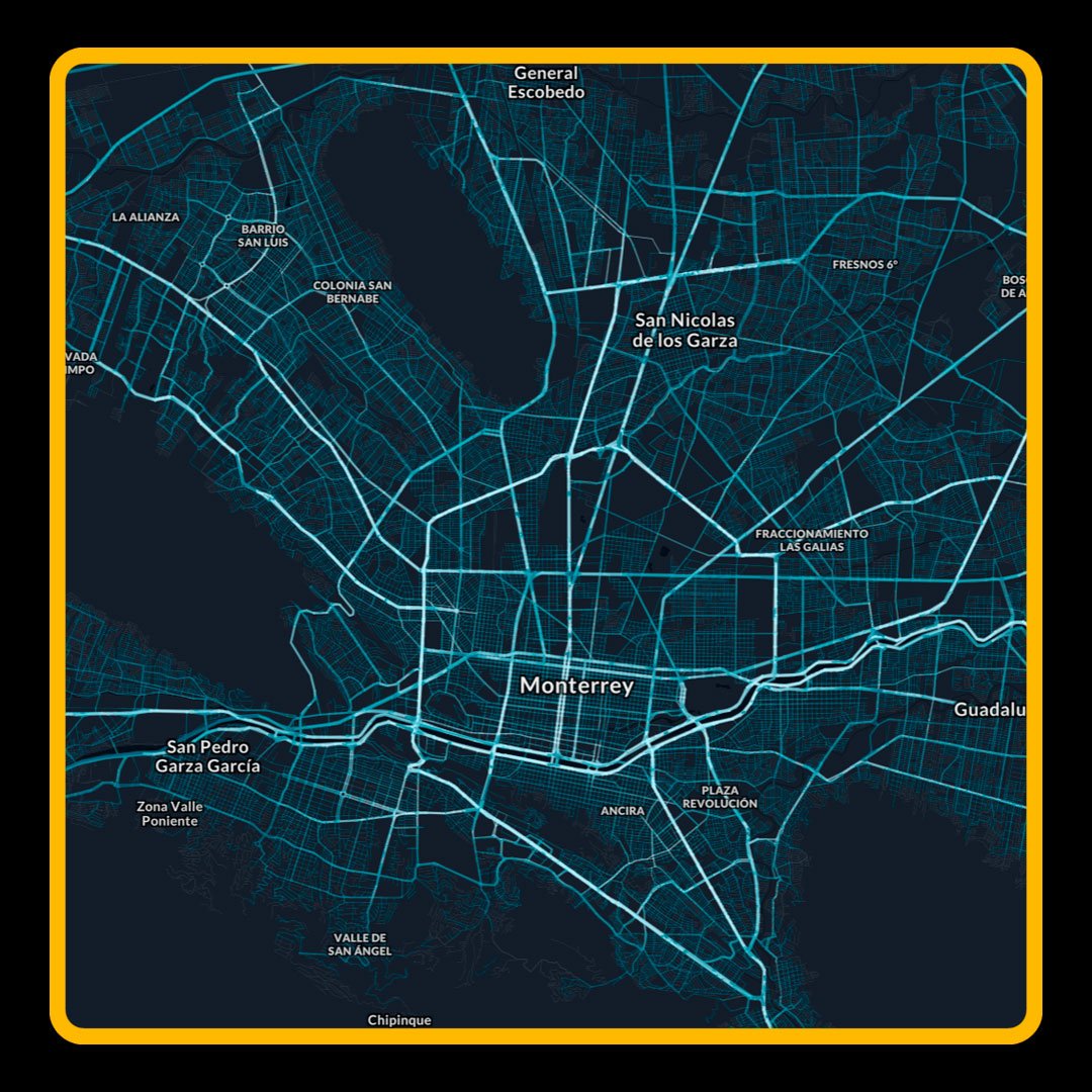 Map of Monterrey, Mexico, showing neighborhoods and roads with a dark background and blue and white lines.