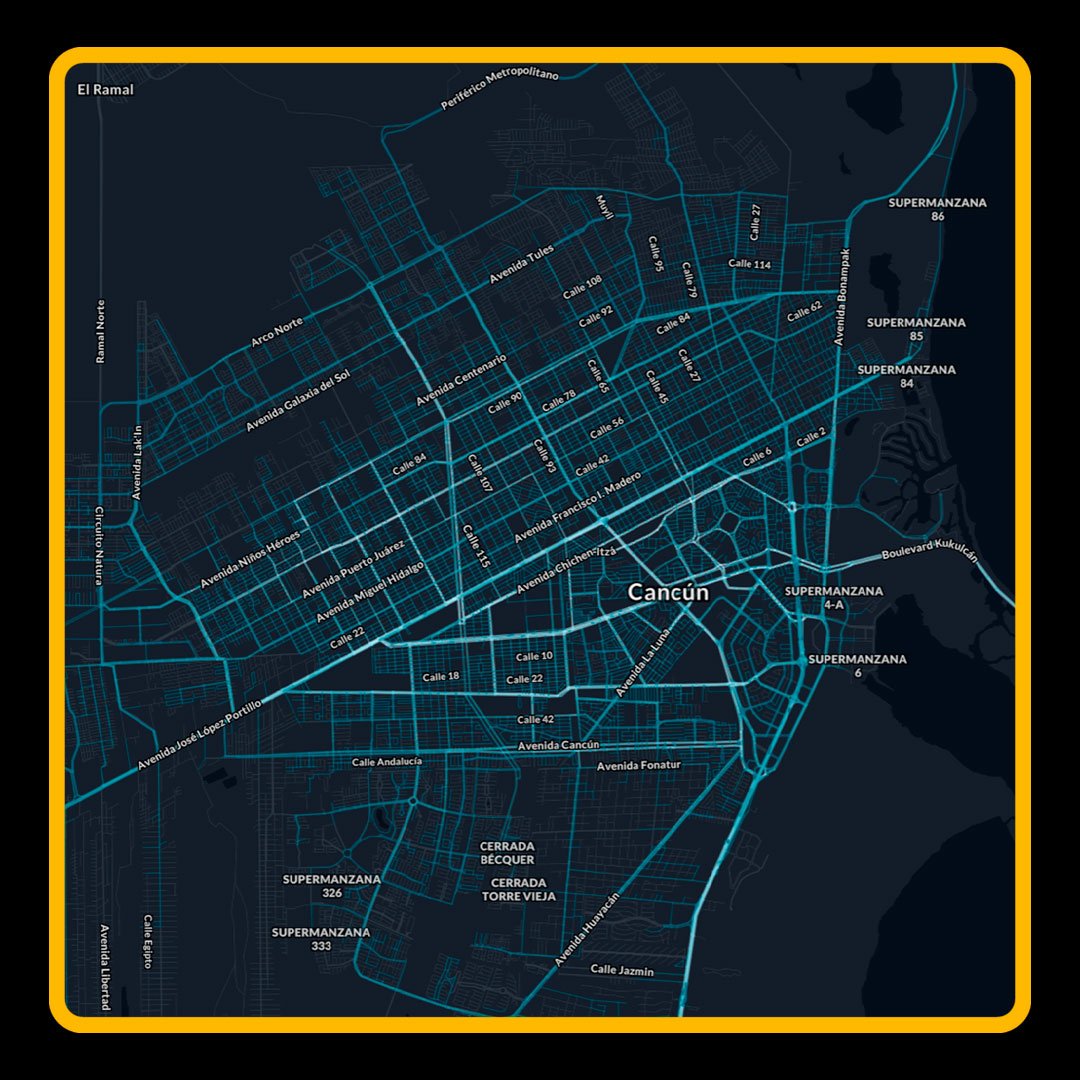 Map of Cancun with street names and locations marked, shown on a dark background with blue lines and a yellow border.