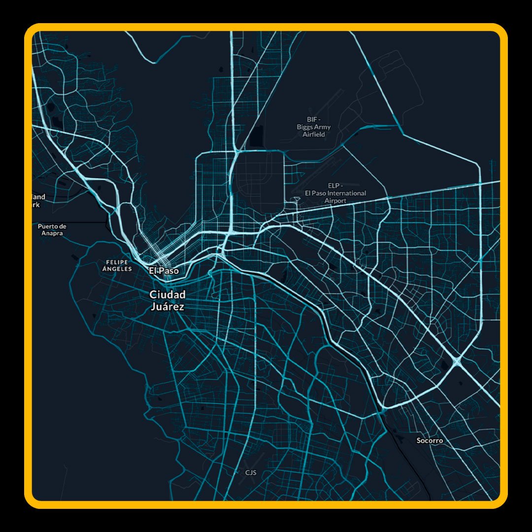 Digital map of El Paso, Texas showing roads, highways, and landmarks including Ciudad Juárez and El Paso International Airport.
