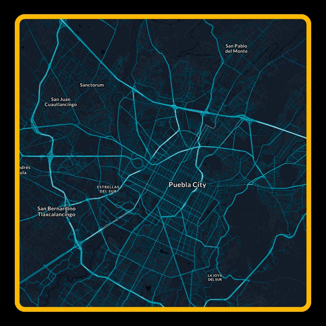 Digital map showing Puebla City and surrounding neighborhoods with highlighted roads in blue on a dark background.