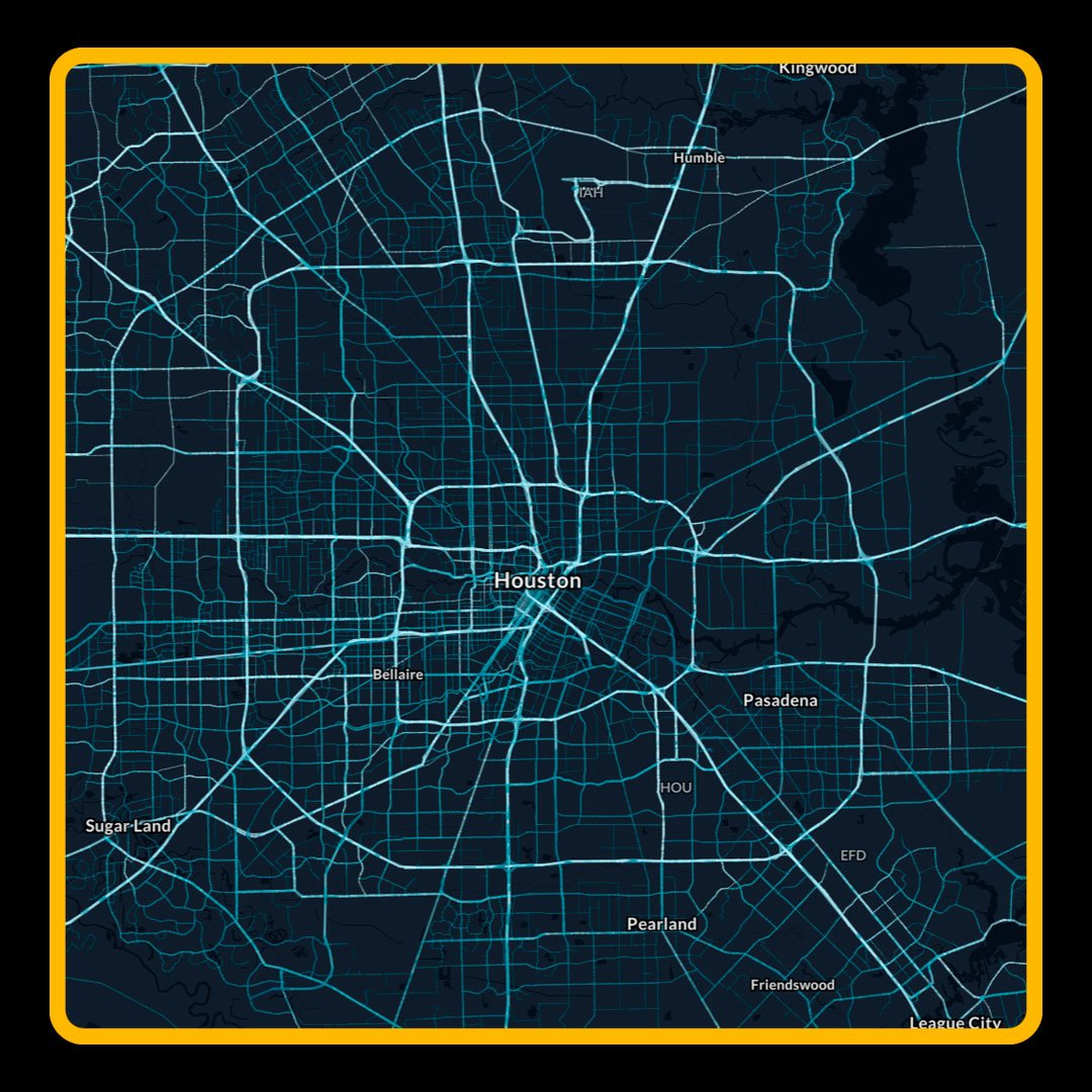 Map of Houston, Texas, showing major roads and neighborhoods, with a dark background and blue lines.