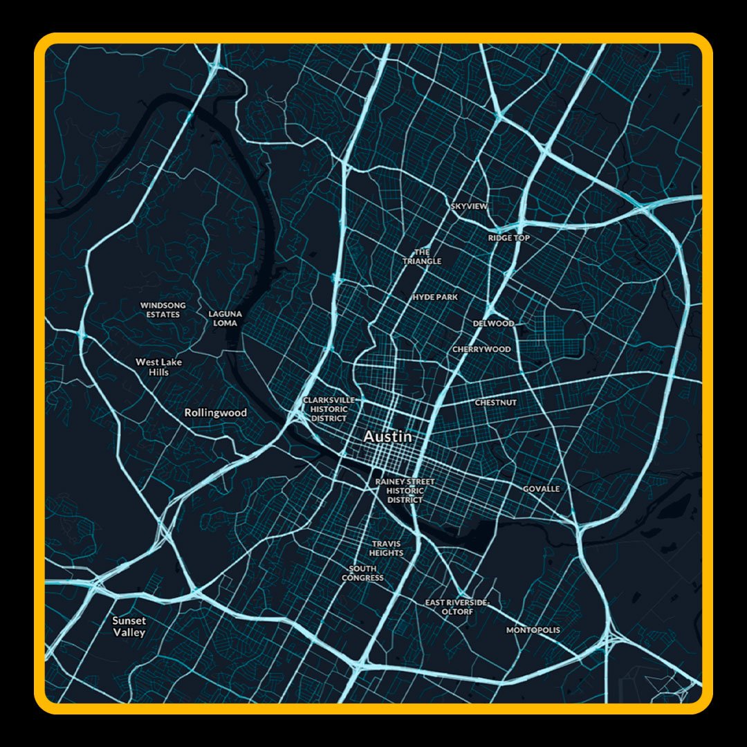 Map of Austin, Texas, showing neighborhoods and streets with a dark background and light blue lines.