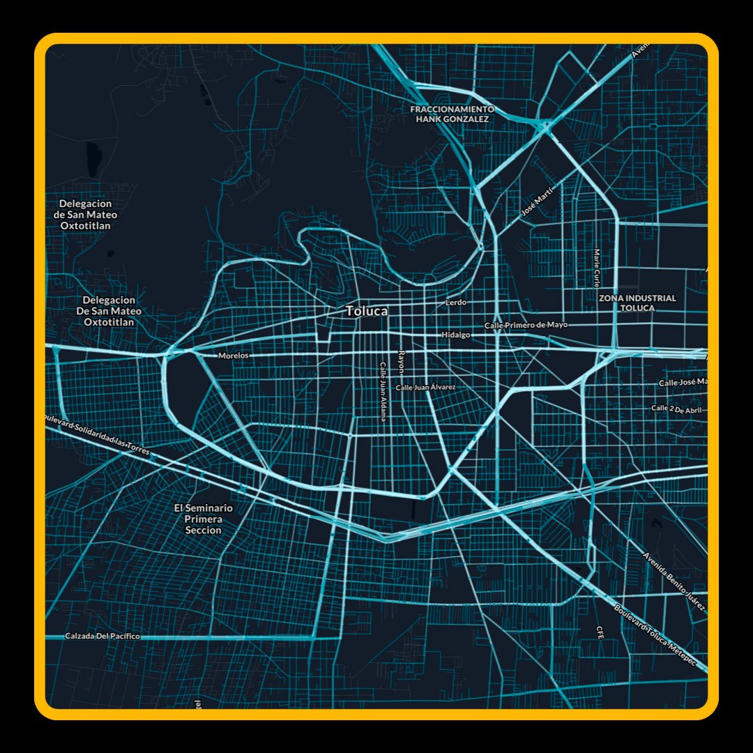 Dark map of Toluca, Mexico featuring labeled districts and streets highlighted in bright teal, with a black background and a yellow border.