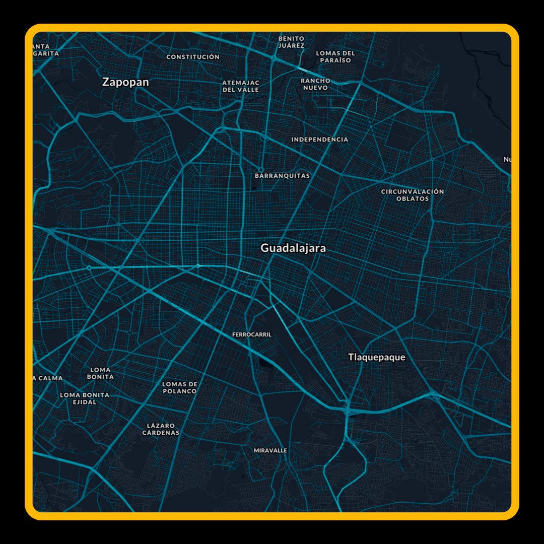 Digital map of Guadalajara city showing neighborhoods and street network with dark background and glowing blue lines.