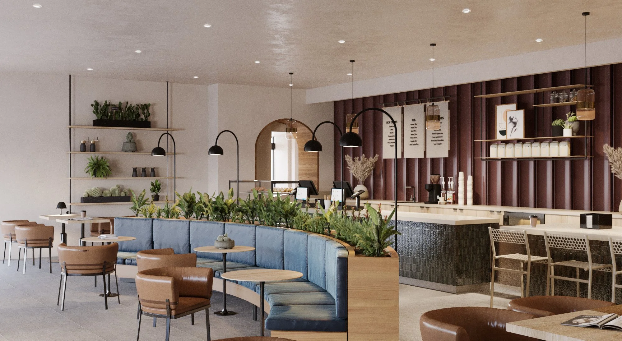 Modern coffee shop with seating area, plants, and a counter with menu boards.
