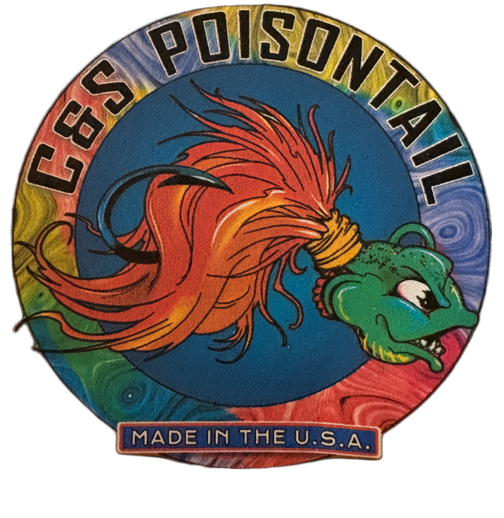 Colorful embroidered patch featuring a dragon with orange and red hair, green face, and fierce expression. Text around the patch reads 'C.E. Poison Poison T.A.I.L.' and 'Made in the U.S.A.'.