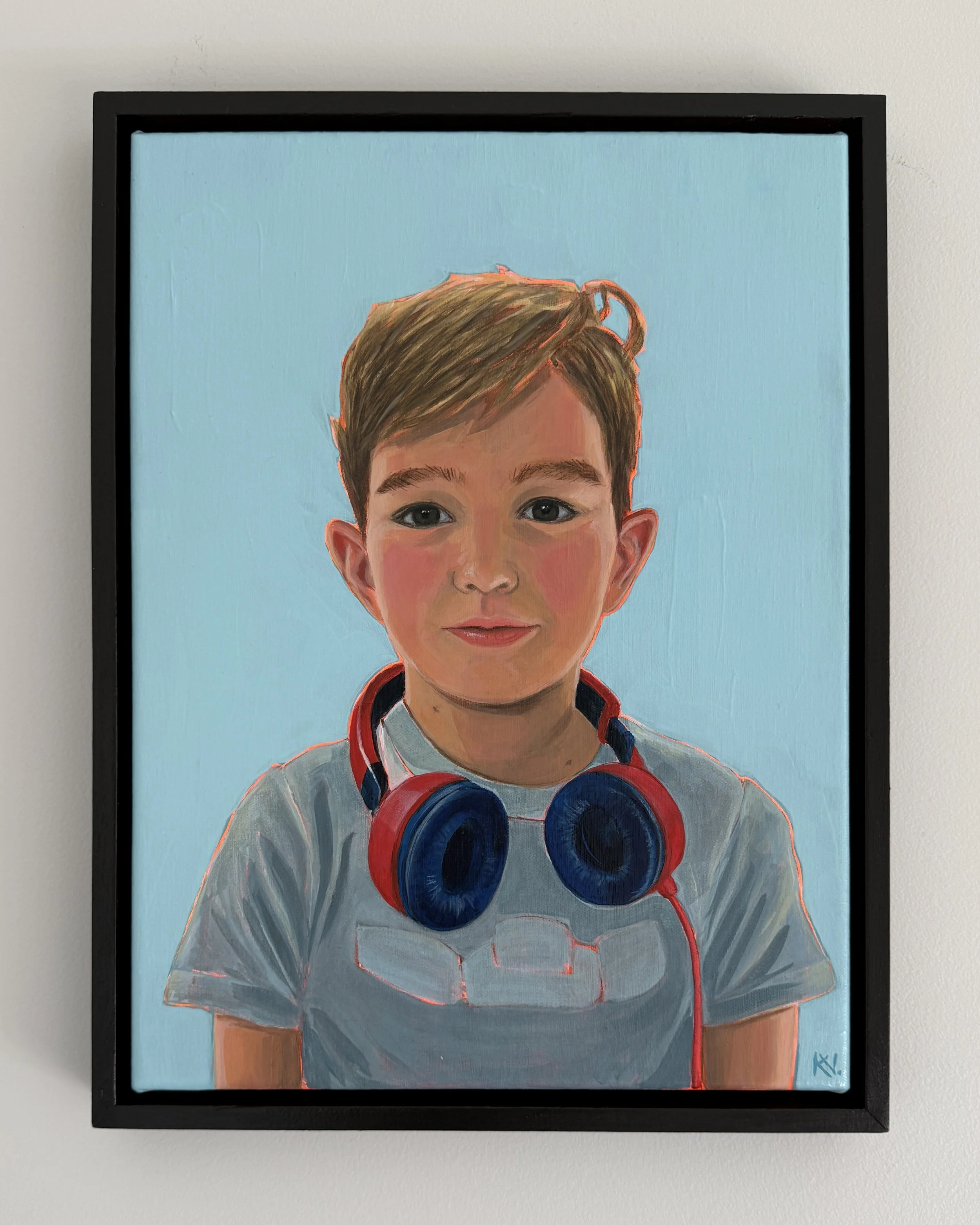 Portrait of a young boy wearing keyboard headphones around his neck to show his love of music and artistic pursuit. Acrylic on canvas 30 x 40 cm.