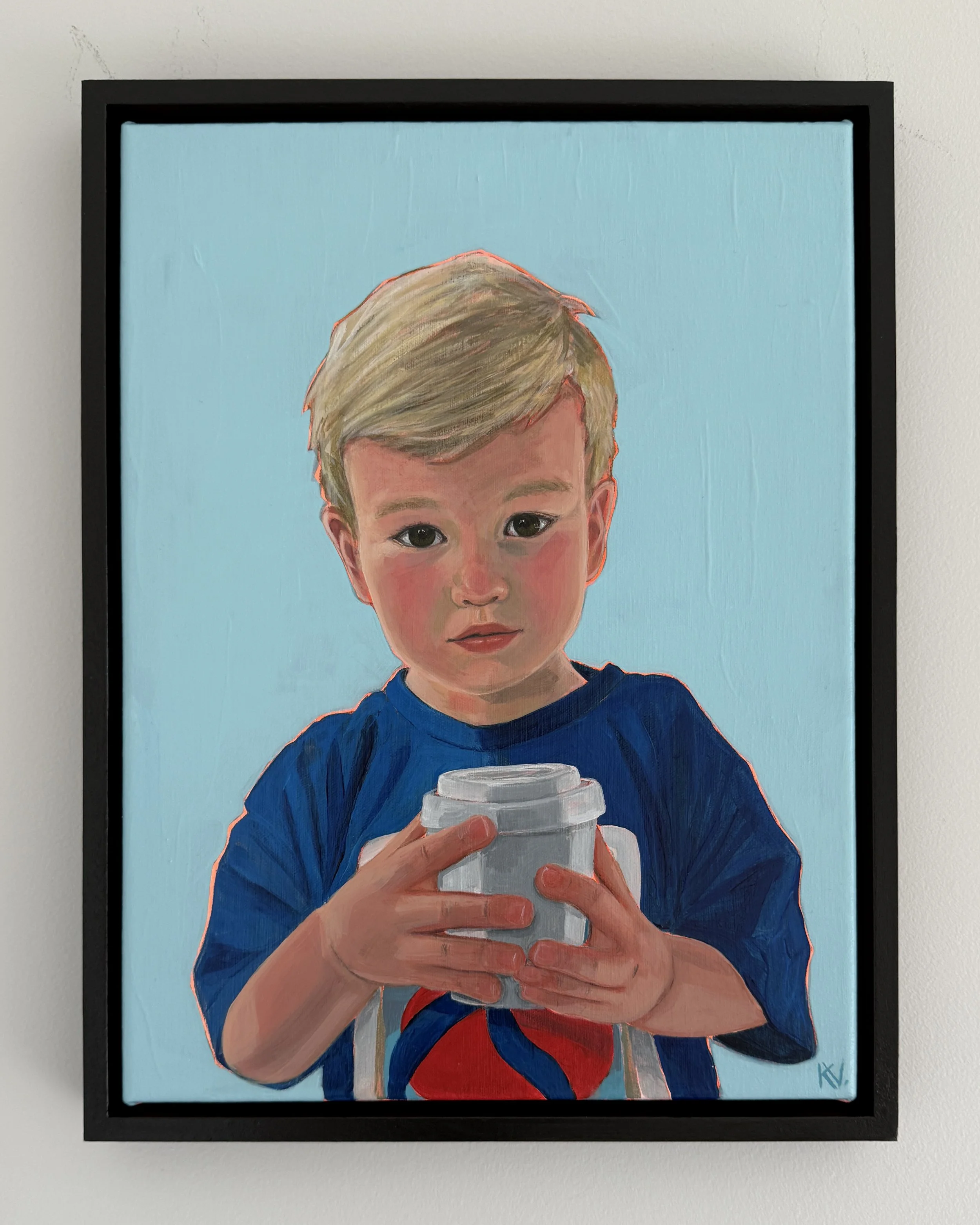 A commissioned portrait of a young boy holding a babycino cup. Acrylic on canvas 30 x 40 cm.