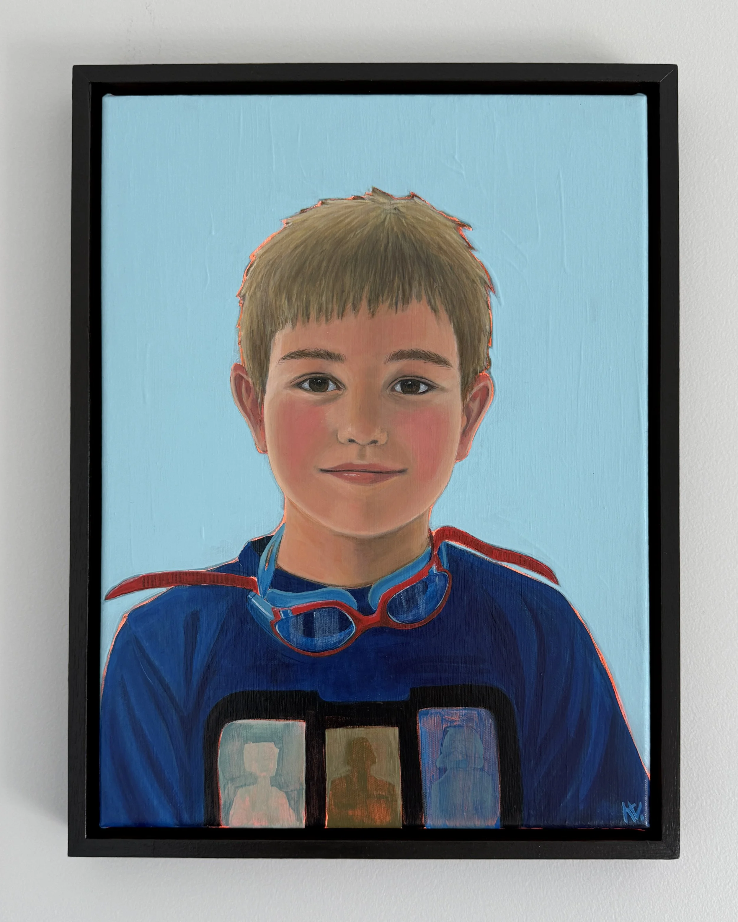 Portrait of a school aged boy wearing a Star Wars shirt and bright swim goggles, showing his love of swimming, competition and sports. Acrylic on canvas, 30 x 40 cm.