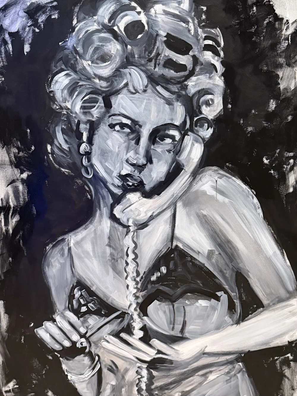 Hung Up On You, black and white acrylic painting