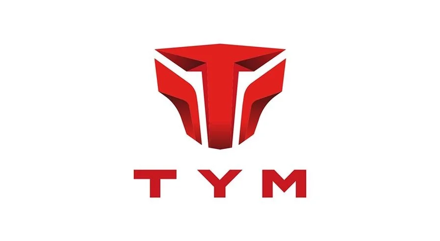 Red mechanical or robotic stylized face logo above the letters TYM in bold red font.