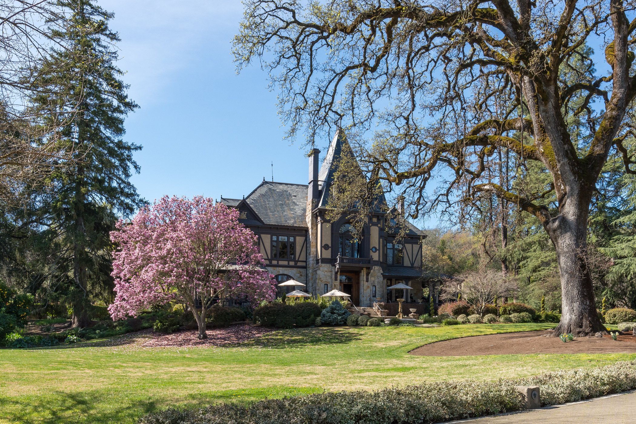 A large, ornate house with a stone facade and dark trim, surrounded by lush trees and a well-maintained lawn. A pink blossoming tree is in the foreground, and a large, old tree with spreading branches is on the right.