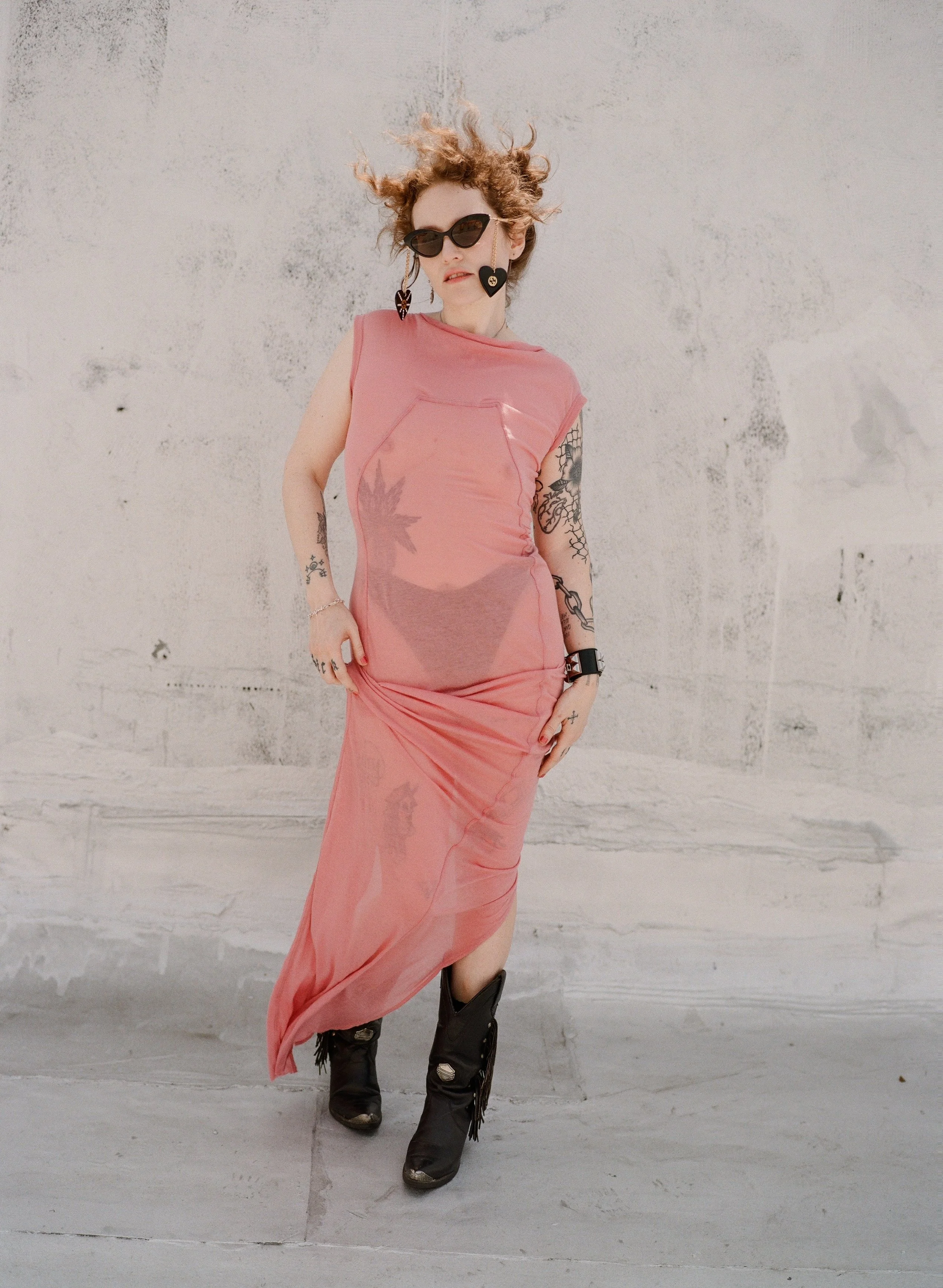 sheer dress and cowboy boots