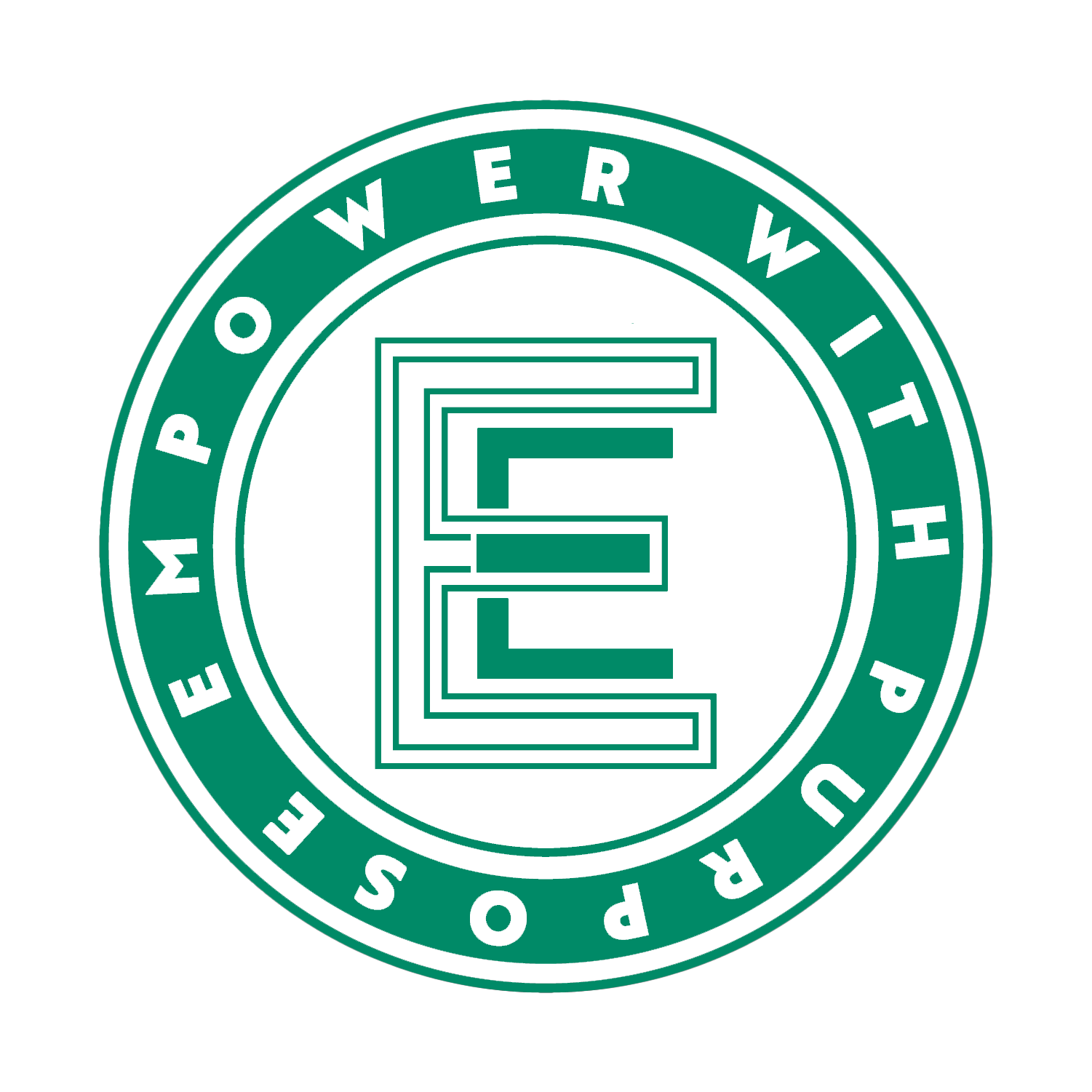 Circular logo with a stylized letter E in the center. The outer ring reads 'PURE WATER WITH PURPOSE'.