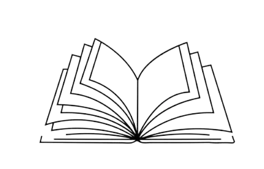 Outline of an open book with multiple pages, drawn in white lines on a black background.