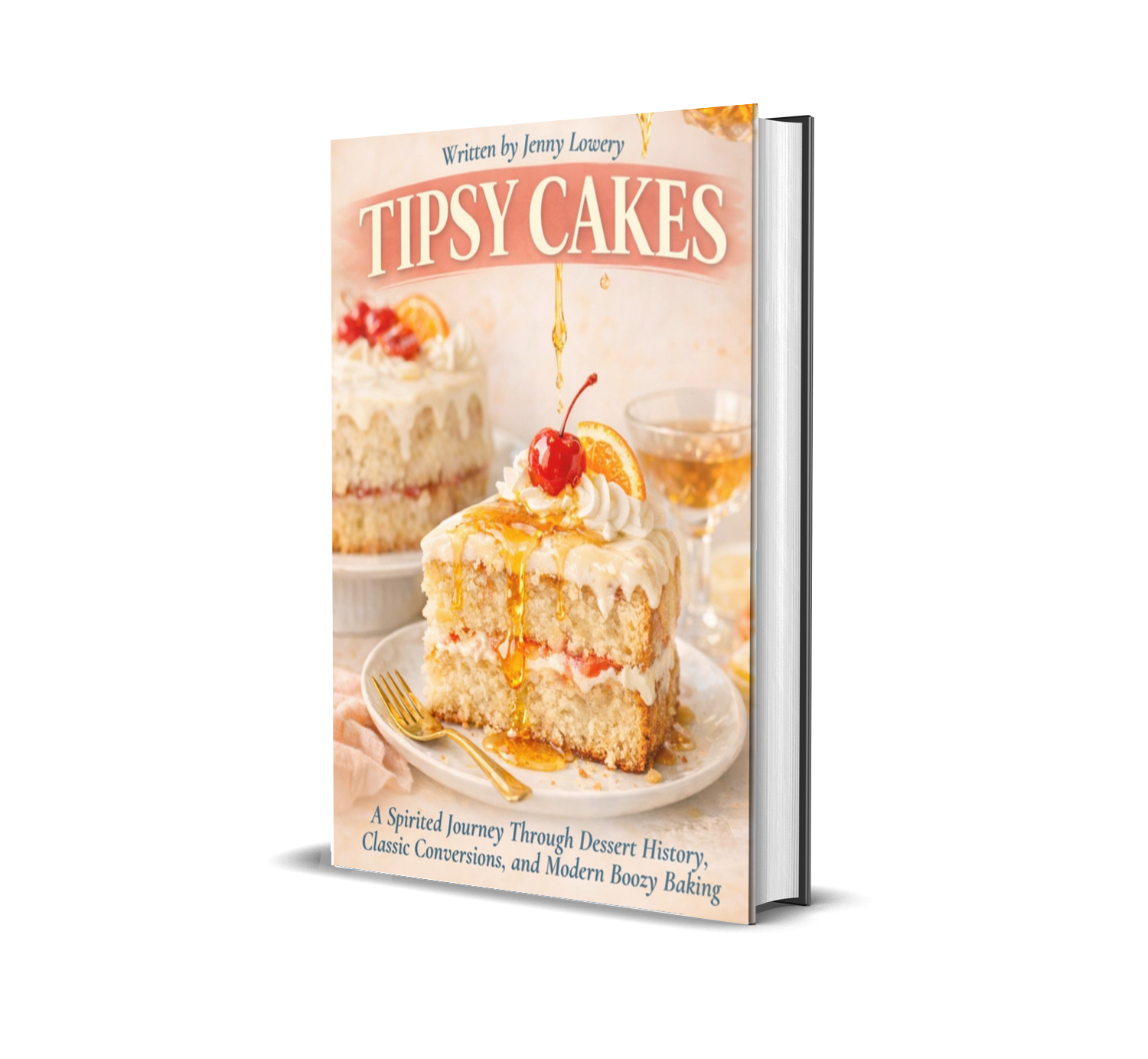 Cover of a book titled 'Tipsy Cakes' showing a slice of cake with frosting, a cherry, orange slice, and caramel sauce, with a whole cake and a cocktail in the background.