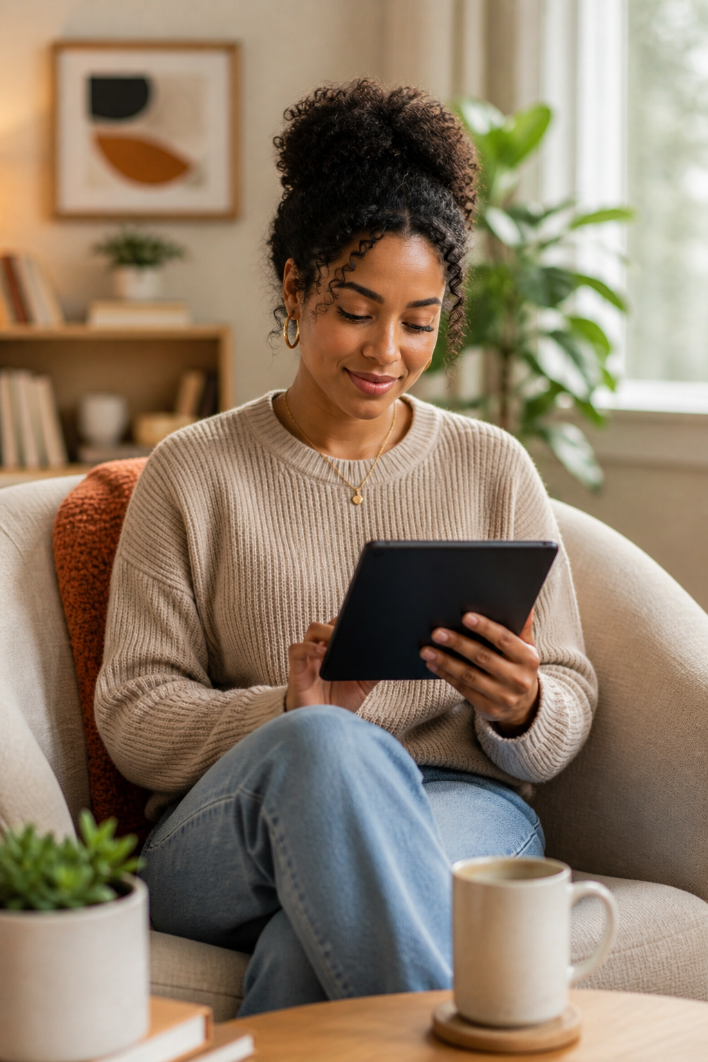woman reading ebook on tablet in cozy living room with soft lighting