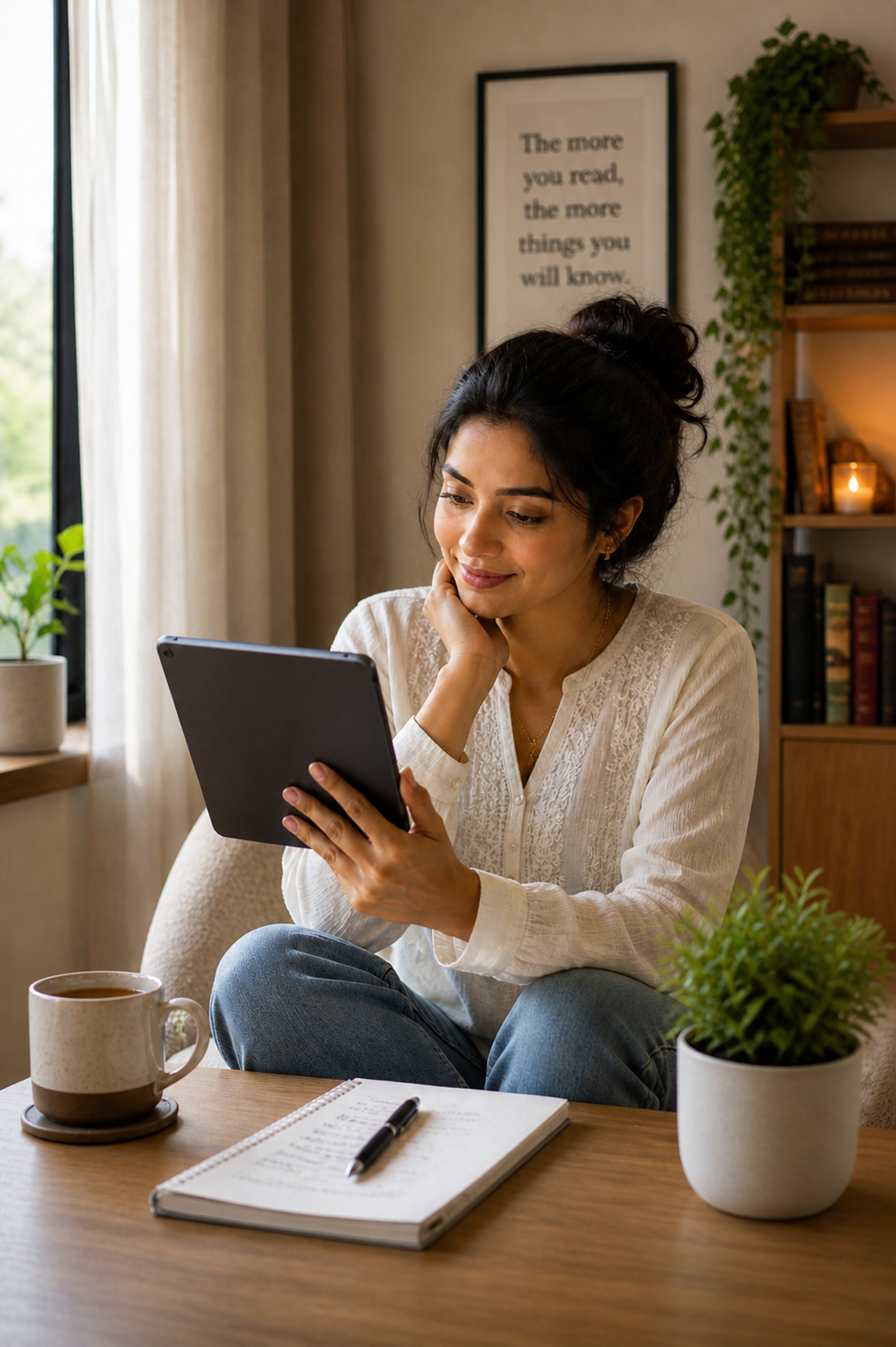 group of women reading and discussing ebook together in cozy setting