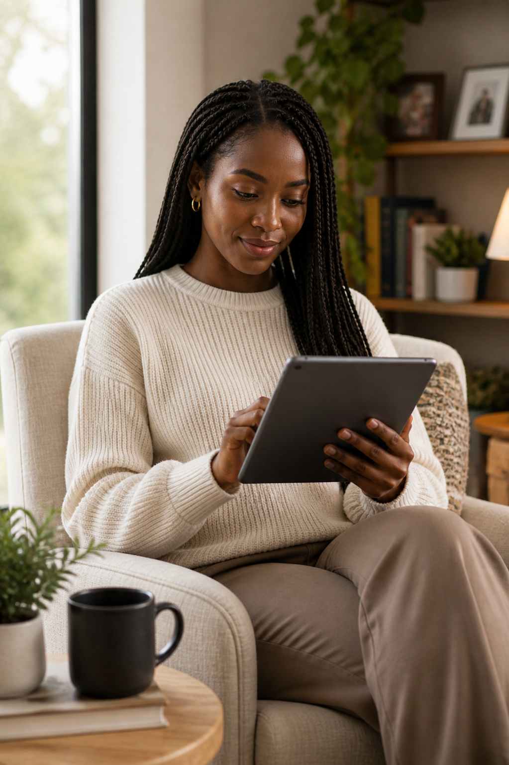 black woman reading ebook on tablet in warm cozy home setting