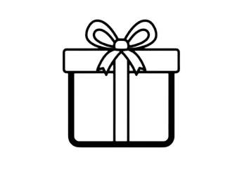 Outline of a wrapped gift box with a bow on top, against a black background with small white dots.